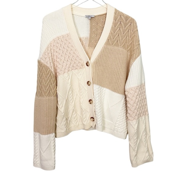 Rails Reese Cream Patchwork Mixed Cable Knit Oversized Cardigan Size L - Picture 2 of 16